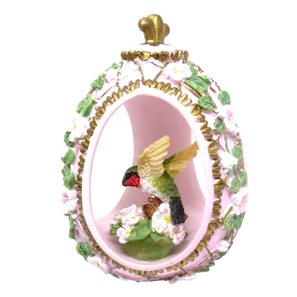 Vintage Pink Ceramic Egg with 3D Hummingbird & Floral Accents Figurine 4.25 in